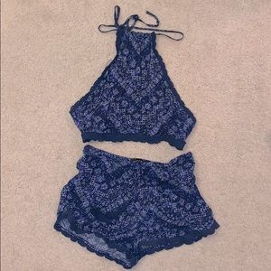 Blue halter top and shorts two-piece